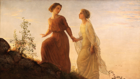 A Romanticism period painting of two women going up a hill.